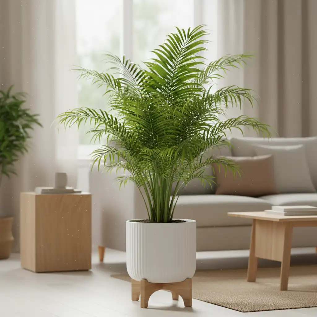 Een weelderige, groene kamerpalm in een stijlvolle, moderne pot, badend in zacht, natuurlijk licht in een sfeervolle woonkamer